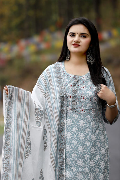 Cotton Straight Suit with Handblock Print and Katha Embroidery – Kurta Pant Dupatta Set for Women
