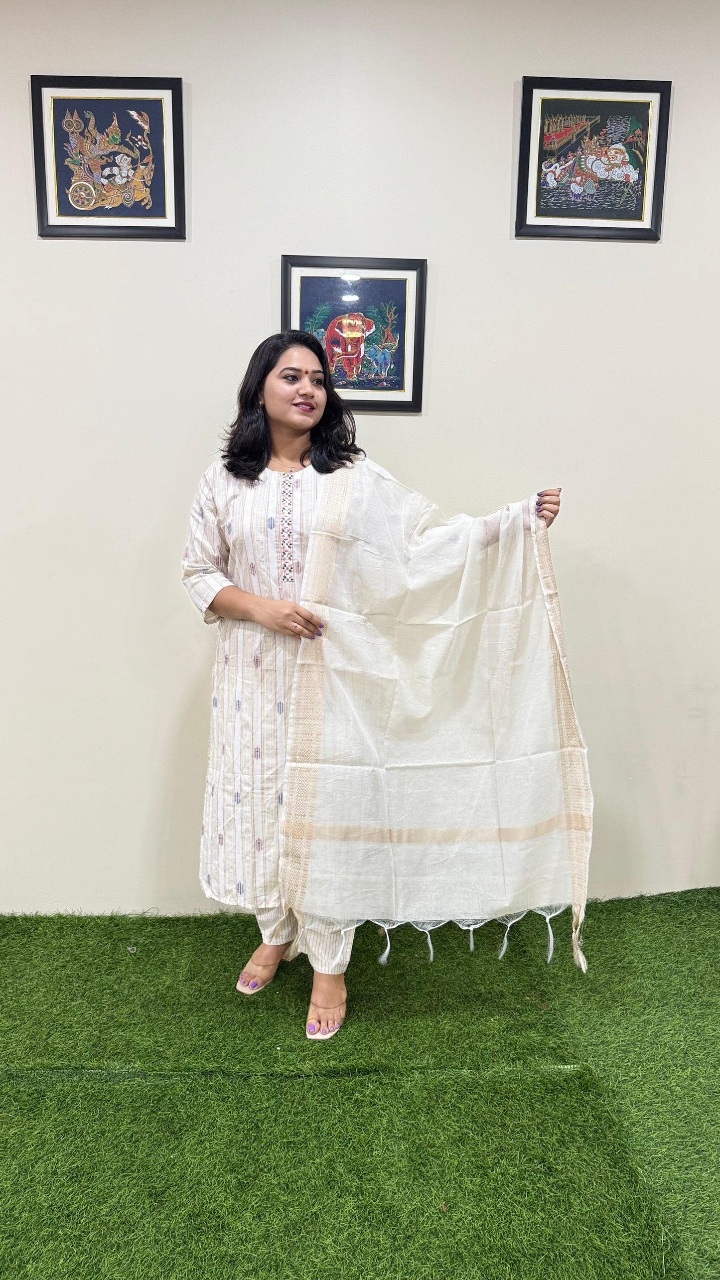 Cotton Handloom Straight Cut Kurta Pant Dupatta Set with Embroidery – Plus Sizes XL to 3XL