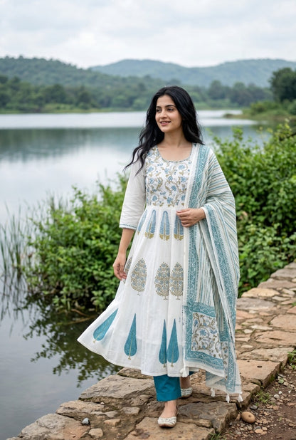 Block Printed Cotton Kurta Pant Dupatta Set for Women with Lining and Kantha Work Ethnic Suit Set