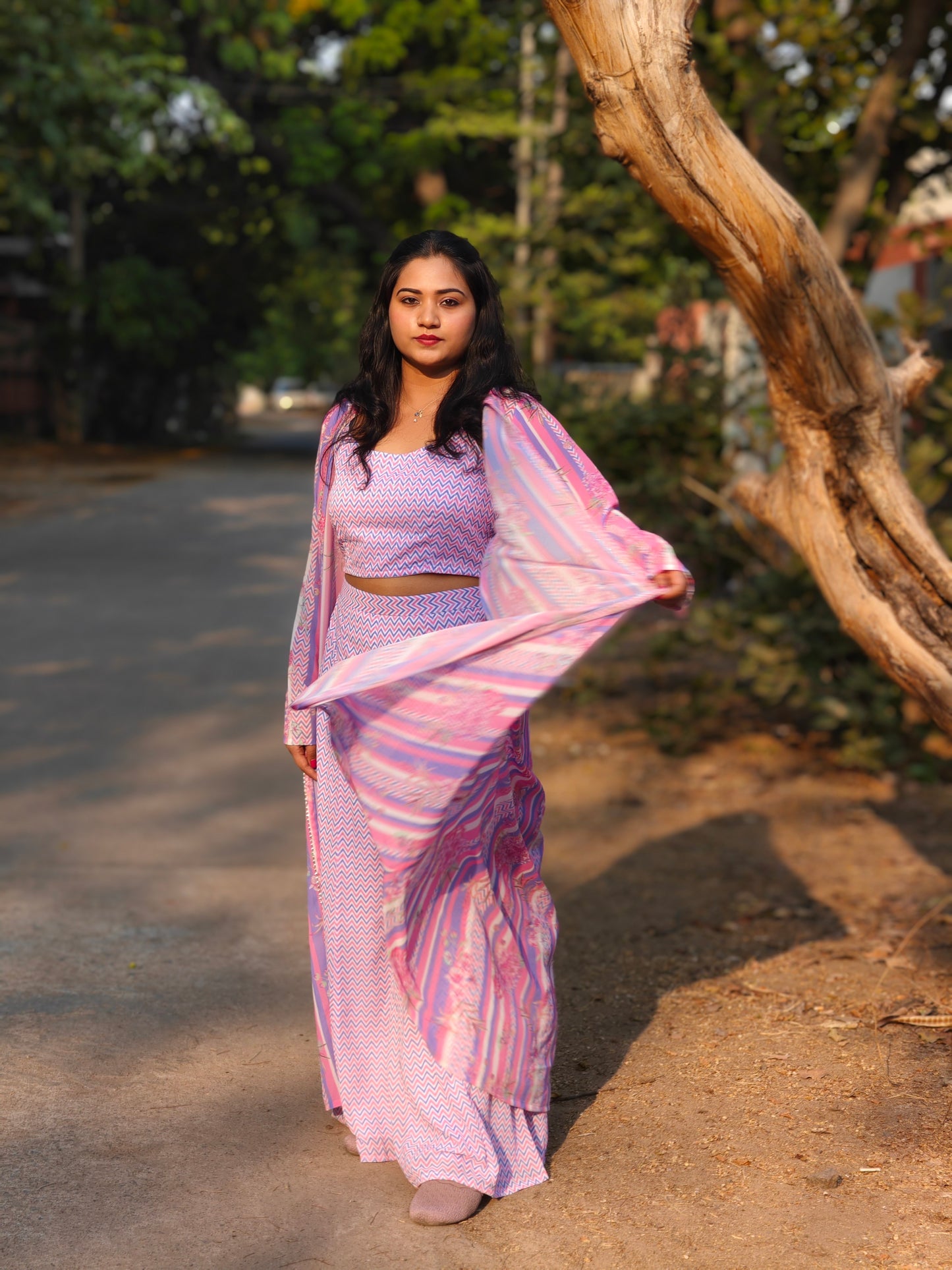 Women’s Georgette Chevron Print 3-Piece Set with Jacket – Sizes L, XL & 2XL