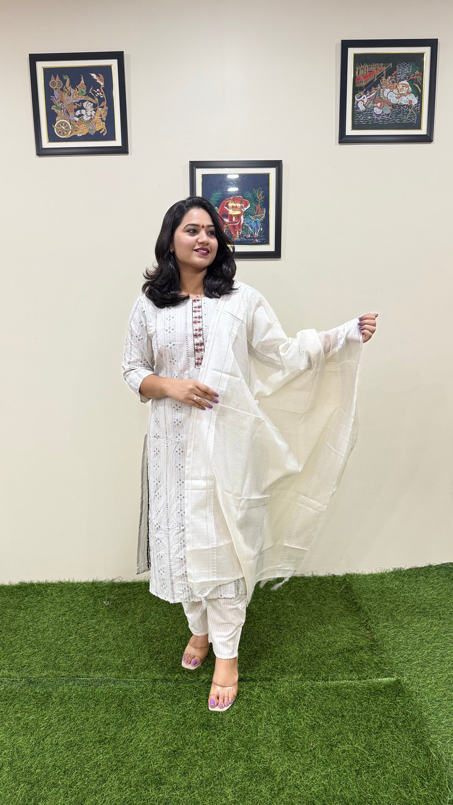 Cotton Handloom Straight Cut Kurta Pant Dupatta Set with Embroidery – Plus Sizes XL to 3XL