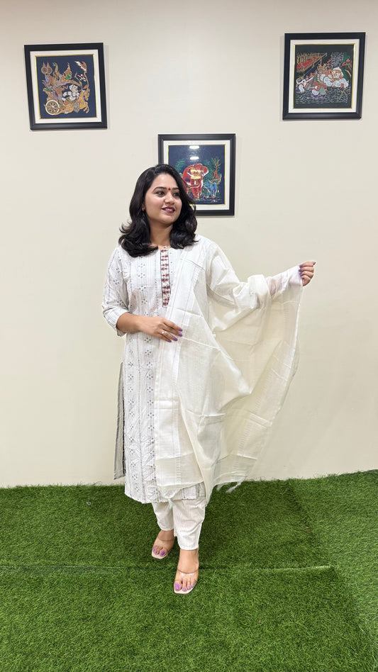 Cotton Handloom Straight Cut Kurta Pant Dupatta Set with Embroidery – Plus Sizes XL to 3XL