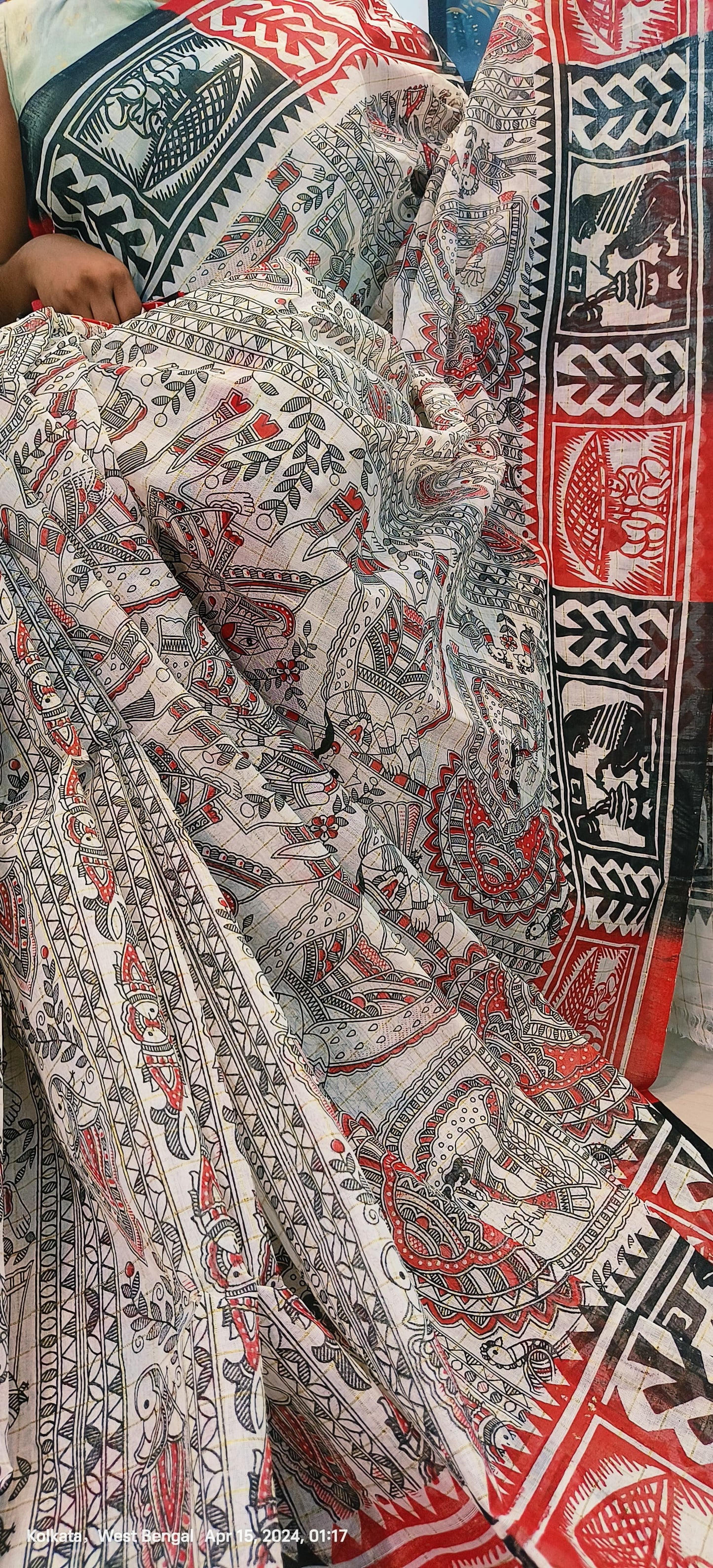 Madhubani Sohajpath Hand Block Print Saree on Begampur Zari Check Fabric – Festive & Wedding Wear