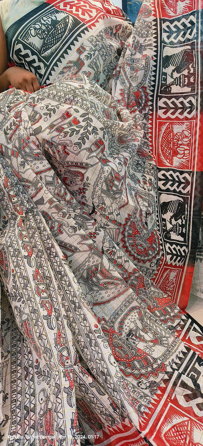 Madhubani Sohajpath Hand Block Print Saree on Begampur Zari Check Fabric – Festive & Wedding Wear