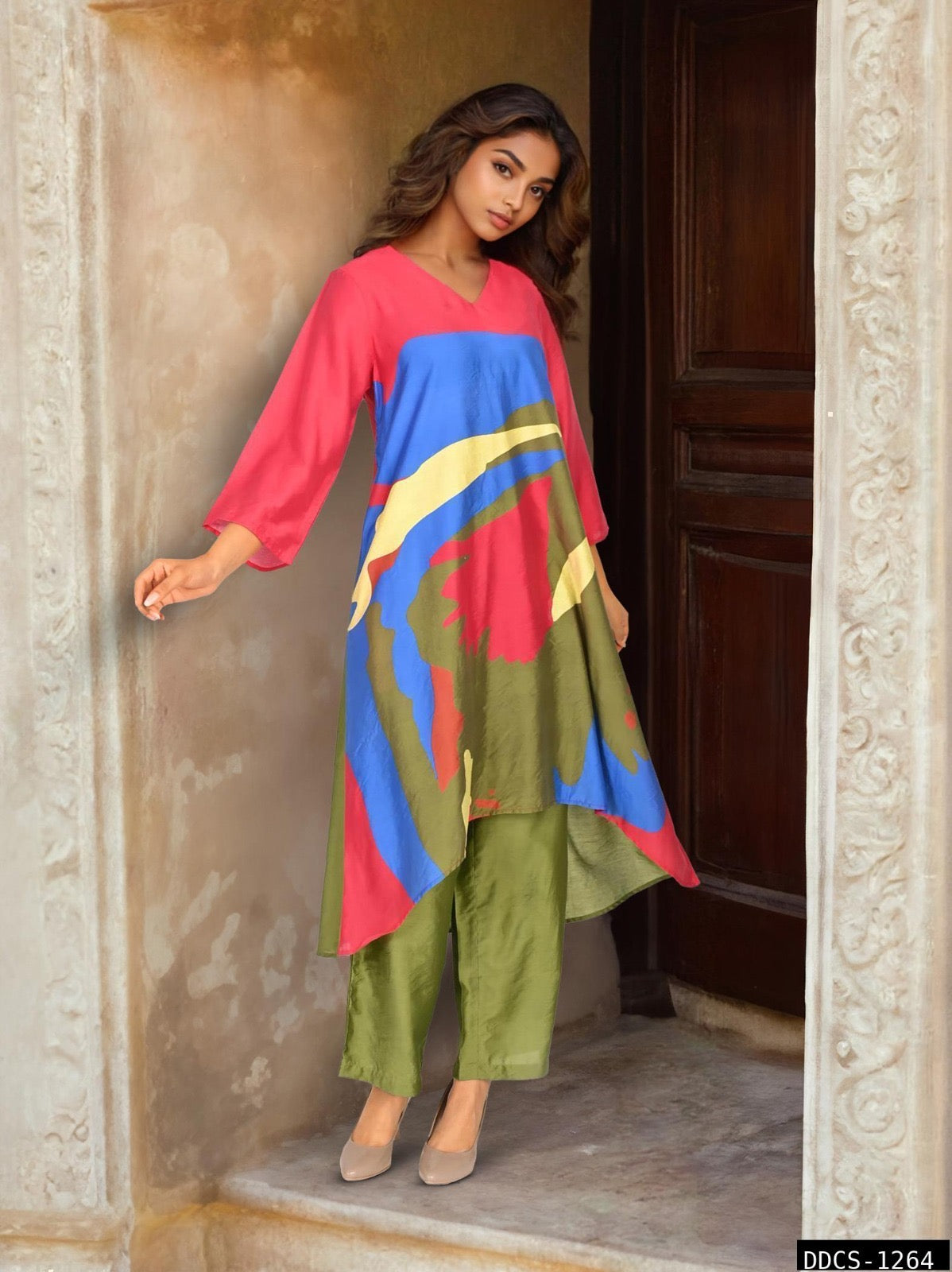 Printed Chanderi Co-ord Set with Asymmetrical Hemline – Women’s Festive Wear (Sizes 38–44)
