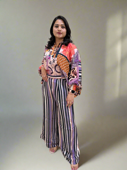 Viscose Crepe Digitally Printed Top with Matte Satin Digitally Printed Bottom – Women’s Fusion Wear Set (L to 2XL)