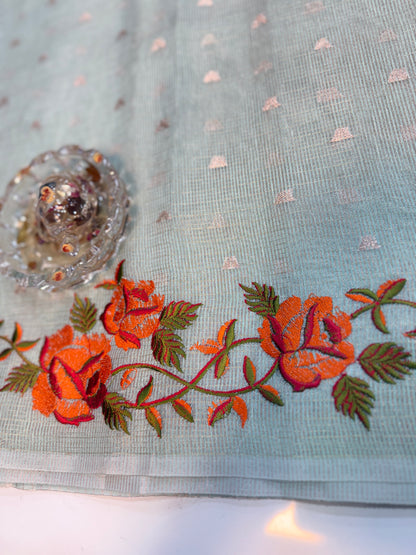 Banarasi Cotton Tissue Saree for Women with Meenakari Embroidery Border, Zari Booti Weaving and Tassel Pallu