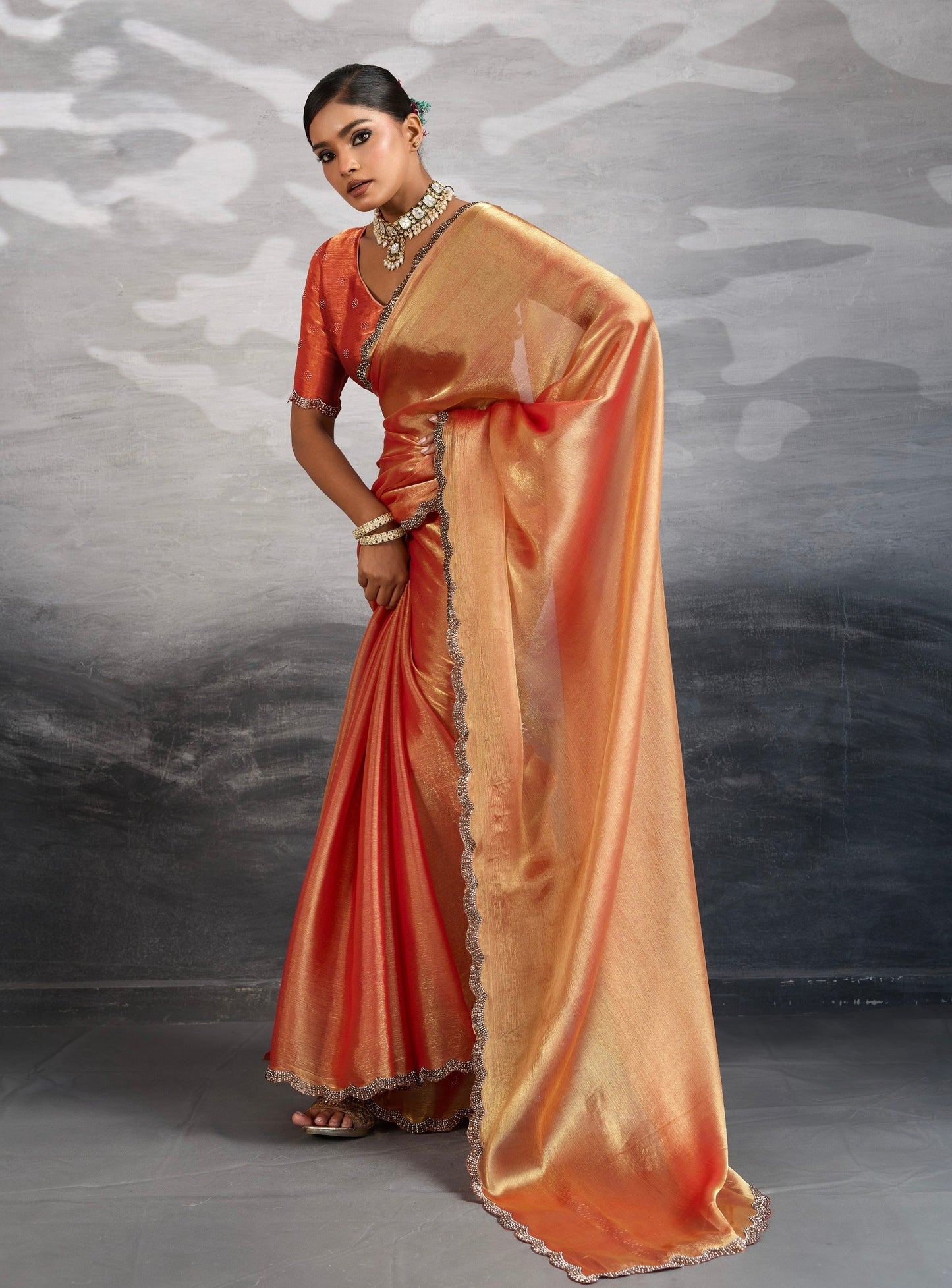 Burberry Chiffon Saree with Zarkan and Cutdana Appliqué Lace Work – Designer Party Wear Saree for Women