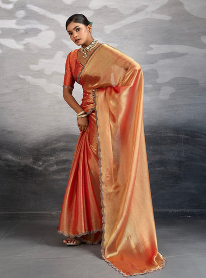 Burberry Chiffon Saree with Zarkan and Cutdana Appliqué Lace Work – Designer Party Wear Saree for Women