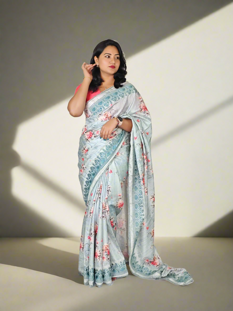 Handloom Tussar Silk Digital Print Saree with Embroidery, Lace Border, and Contrast Blouse