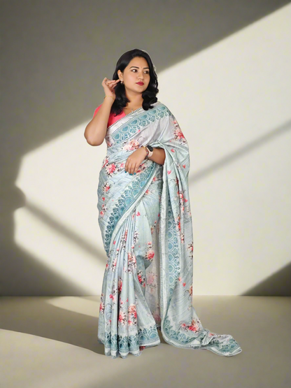 Handloom Tussar Silk Digital Print Saree with Embroidery, Lace Border, and Contrast Blouse