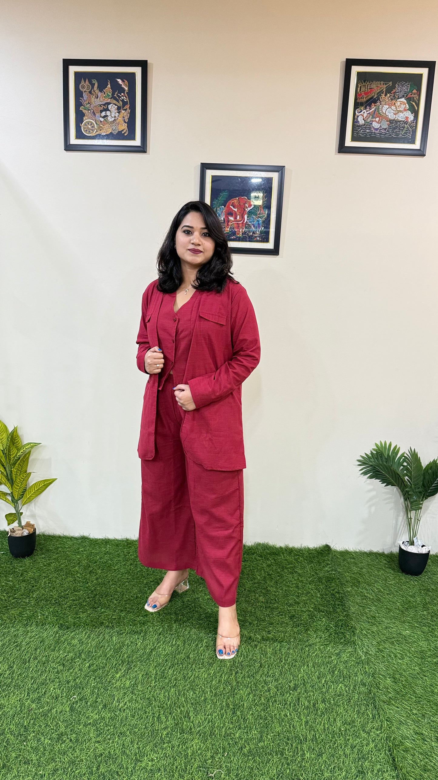 Pure Cotton Slub Bell-Bottom Pants with Halter Neck Waistcoat and Long Blazer – Women’s Three-Piece Set (Sizes 40 to 44)