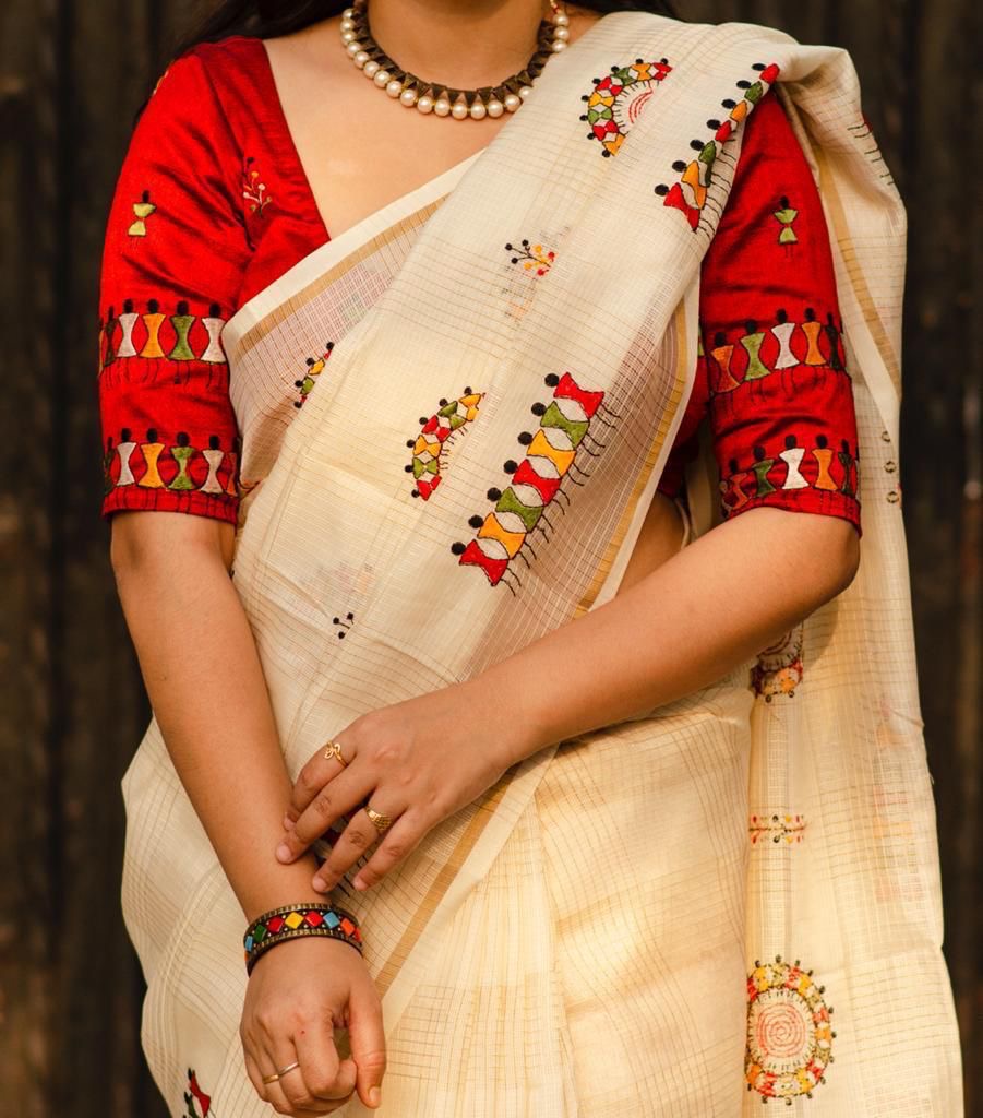 Manipuri Kota Chex Saree with Worli Embroidery and Zari Pattu Border, Mulberry Silk Blouse