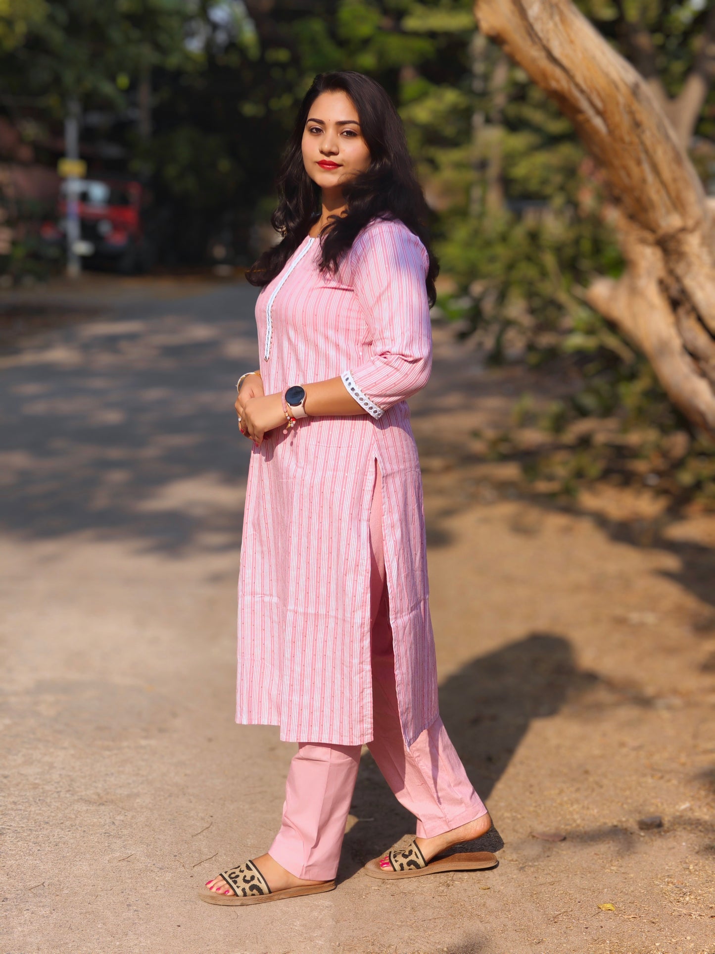 Blue Cotton Blend 2-Piece Casual Set for Women with Sequin and Stripe Pattern