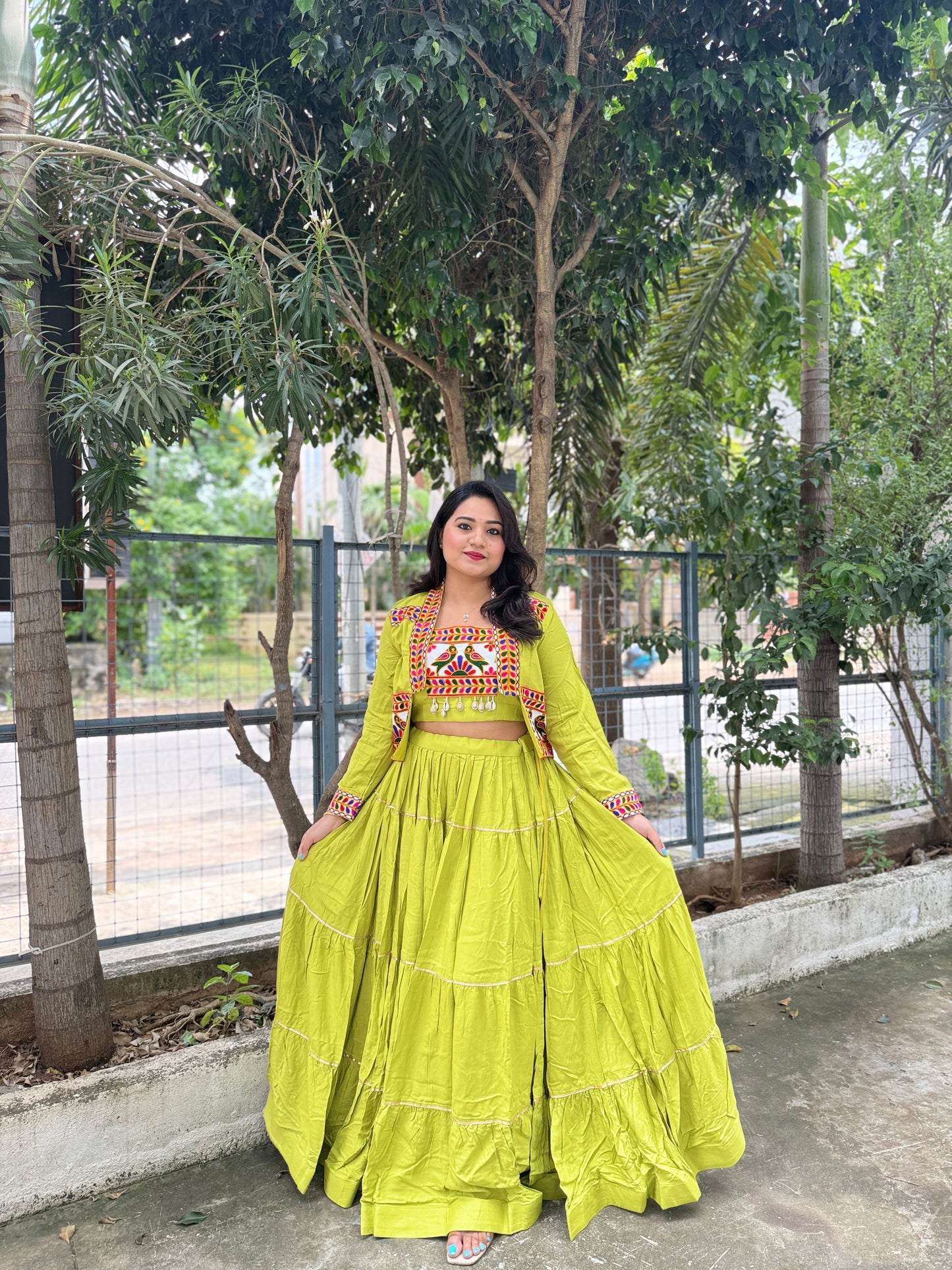 Rayon Lehenga Choli with Embroidered Gamthi Work Koti and Cowrie Lace – Navratri and Festive Wear