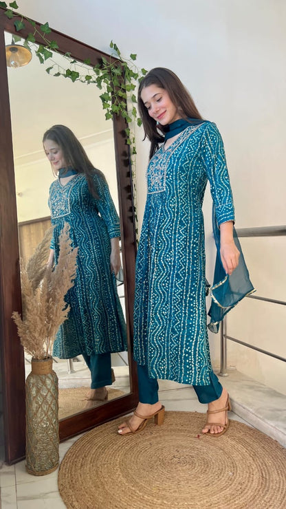 Rayon Bandhej Print Anarkali Kurta Suit Set with Handwork, Santoon Pants and Chiffon Dupatta for Women