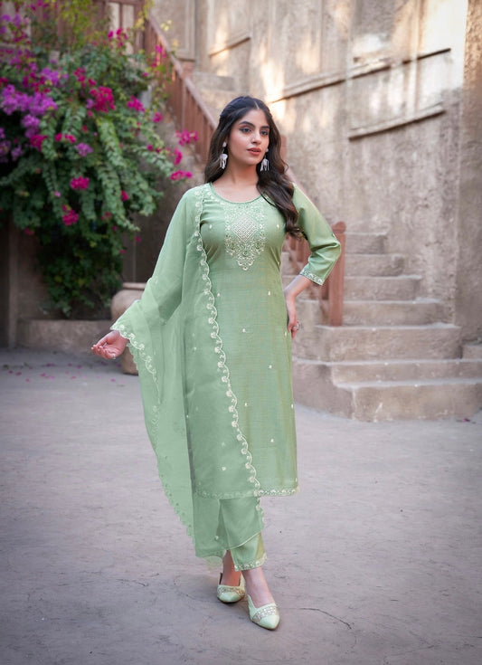 Viscose Vertical Straight Cut Kurta Pant Dupatta Set with Embroidery and Organza Dupatta – Sizes XL to 3XL