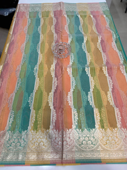 Banarasi handloom kora organza rankaat saree with allover zari stripe weaving and blouse piece