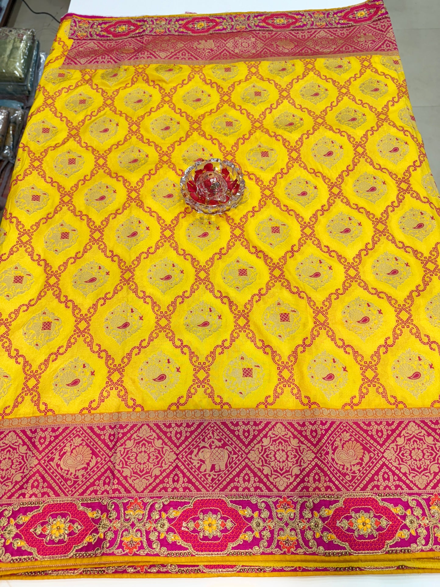 Designer Yellow Silk Saree with Heavy Embroidery Work and Unstitched Blouse for Festive and Wedding Wear