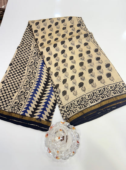 Pure Chanderi Silk Saree with Intricate Handblock Print and Blouse Piece – Traditional Wear for Women