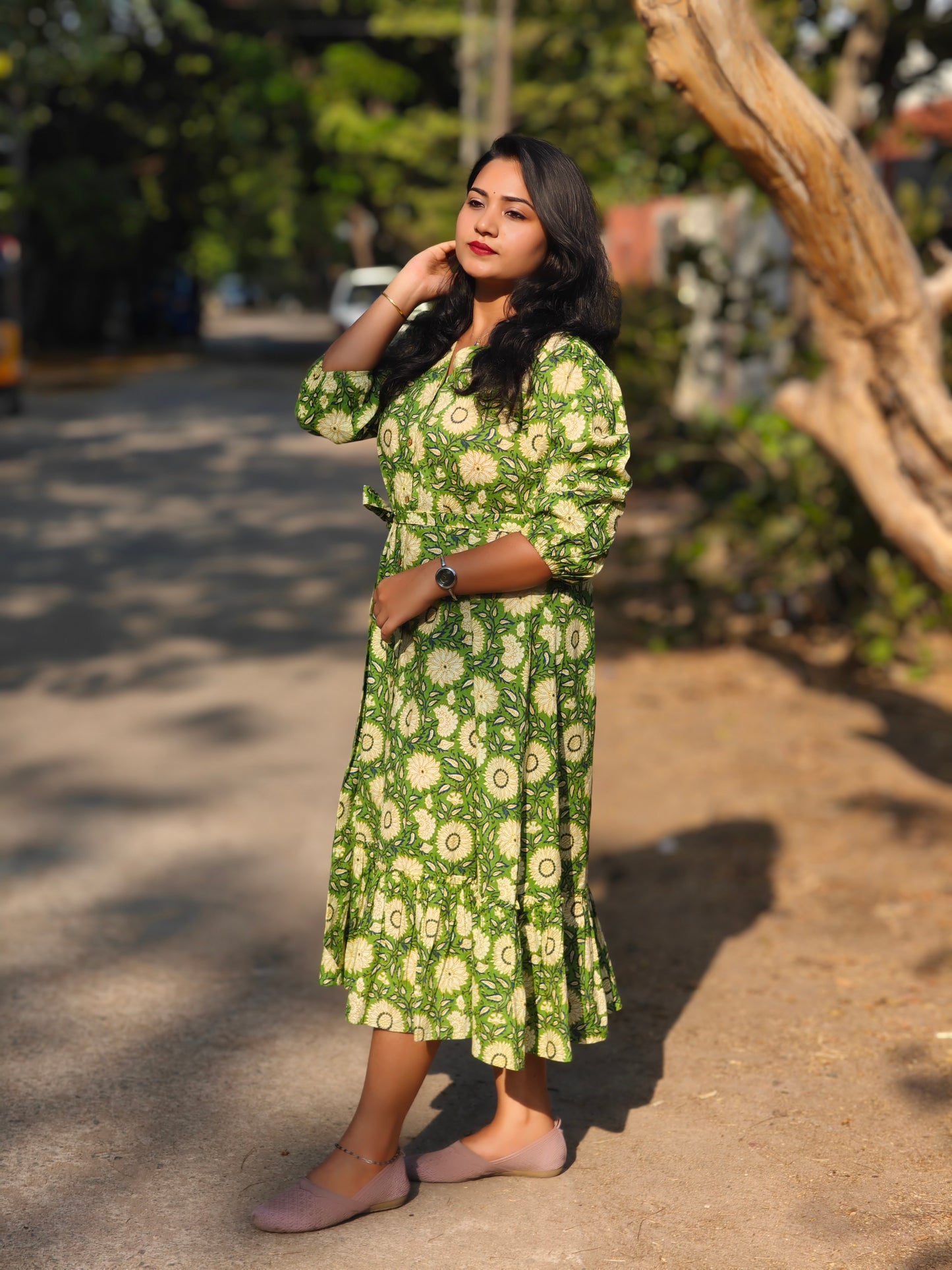 Green Cotton Floral Printed A-Line Midi Dress with V-Neck and Three-Quarter Sleeves – L to 3XL