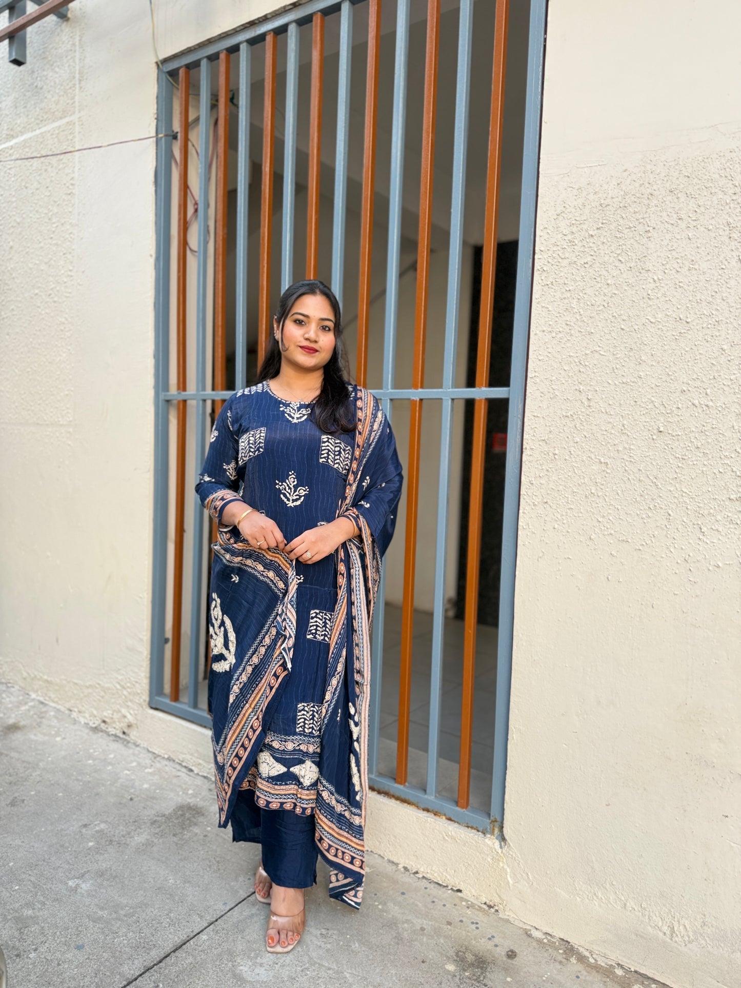 Pure natural crepe kurti pant dupatta set with heavy handwork and cotton lining for women