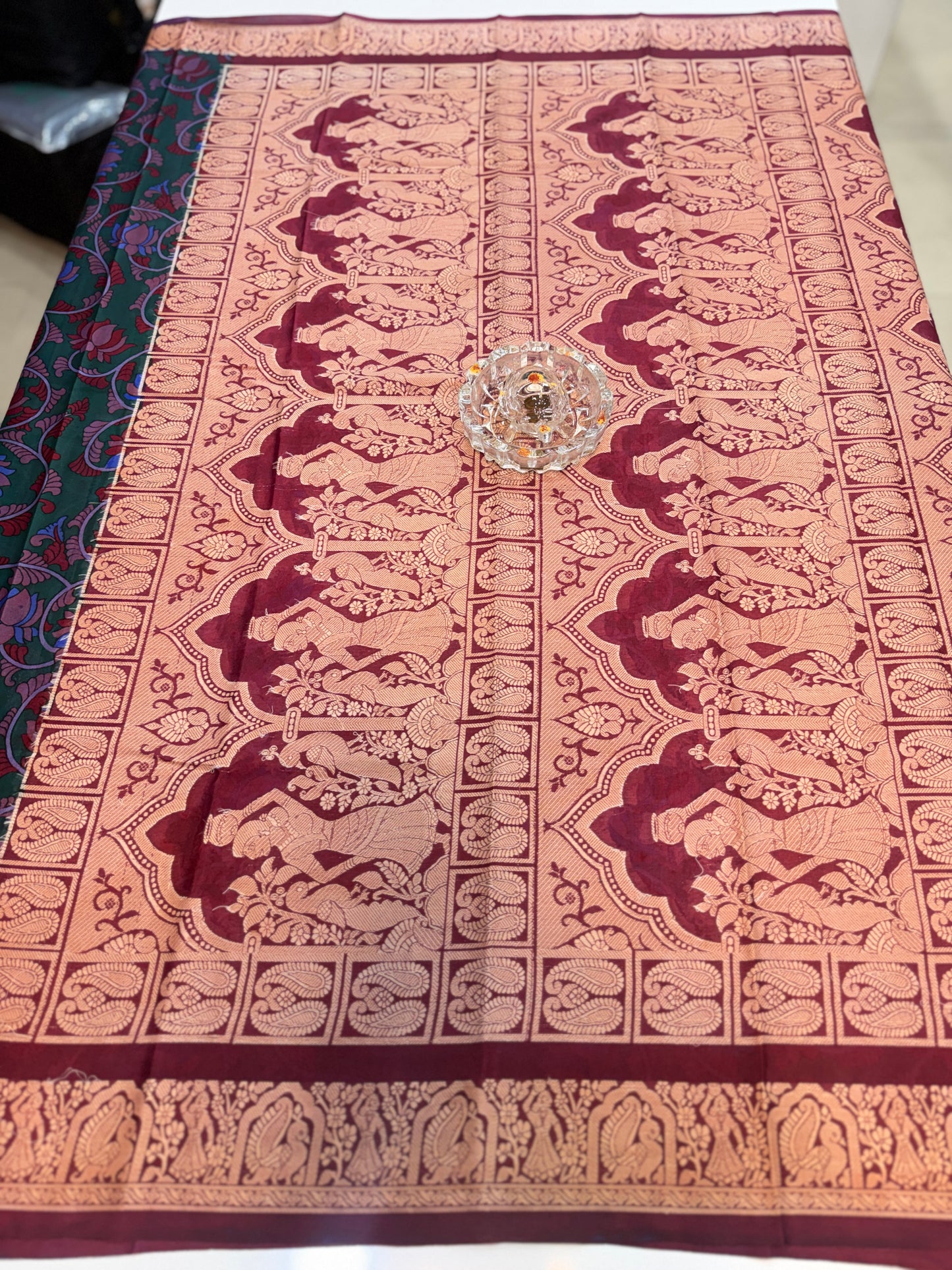 Pure Crepe Mysore Silk Saree for Women – Kalamkari Print with Kathan Border, 75 Gram, Silk Mark Certified