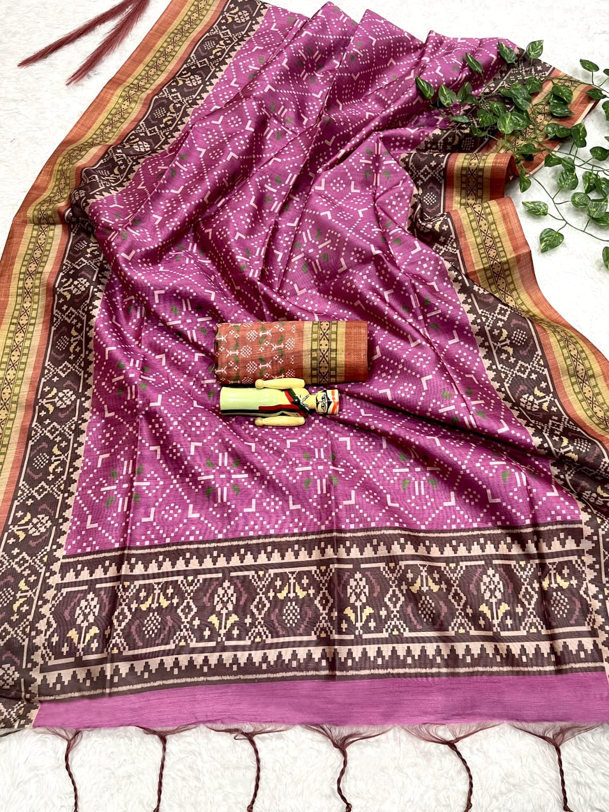 Soft Raw Silk Ikat Print Saree with Tassel Border and Contrast Blouse Piece