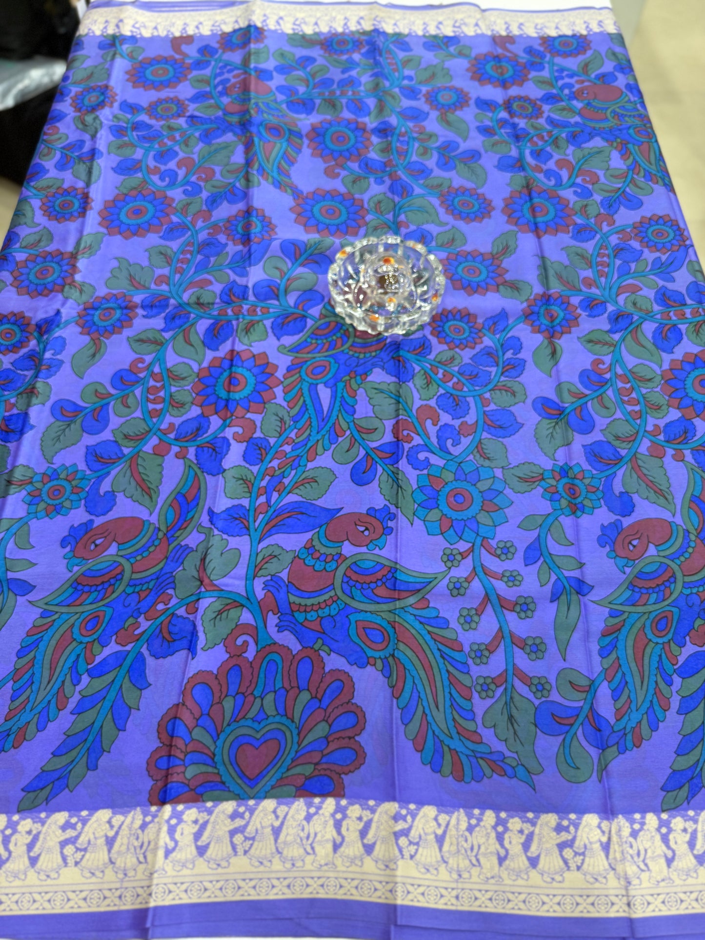 Pure Crepe Mysore Silk Saree for Women – Kalamkari Print with Kathan Border, 75 Gram, Silk Mark Certified