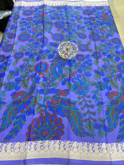 Pure Crepe Mysore Silk Saree for Women – Kalamkari Print with Kathan Border, 75 Gram, Silk Mark Certified