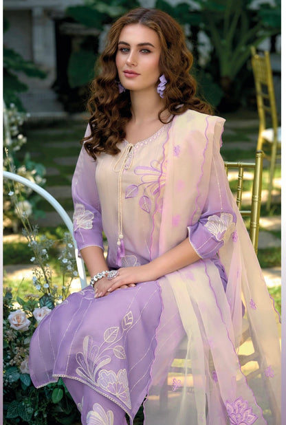 Pure Cotton Kurti Pant Set with Organza Dupatta, Thread and Applique Work – Women’s Summer Ethnic Wear