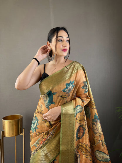 Tussar Silk Saree with Hand-Painted Style Kalamkari Print, Zari Border, and Contrast Blouse