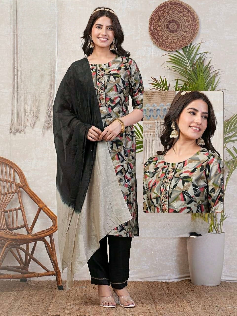 Chanderi Foil Print Kurti Set with Silk Bottom and Jacquard Sequins Dupatta – Women’s Sizes L, XL