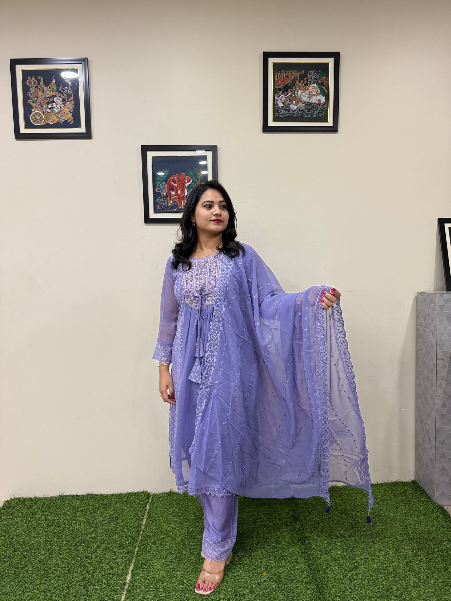 Women’s Georgette Embroidered Suit Set with Mirror Work Neck and Lace Border Pant – L to 3XL