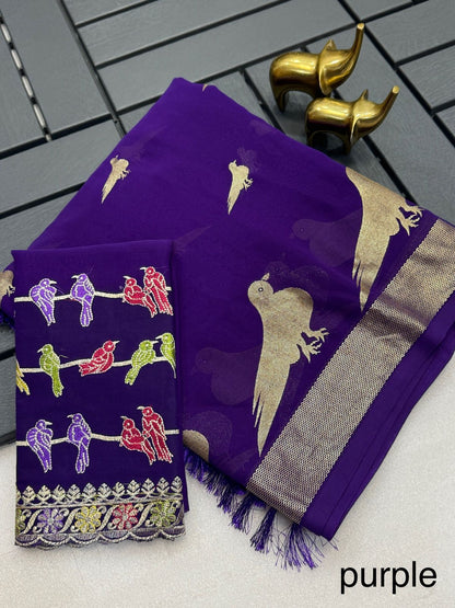 Georgette Foil Print Saree with Zalar Pallu and Embroidered Blouse for Women – Festive Wear