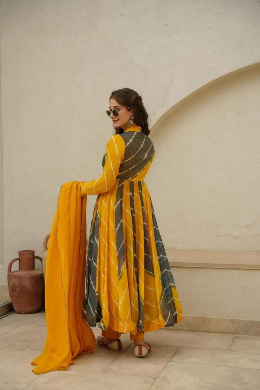 Vrinda Leheriya Georgette Kurti Pant Dupatta Set for Women – Anarkali Dupatta – Yellow & Grey – Sizes L to XXXL
