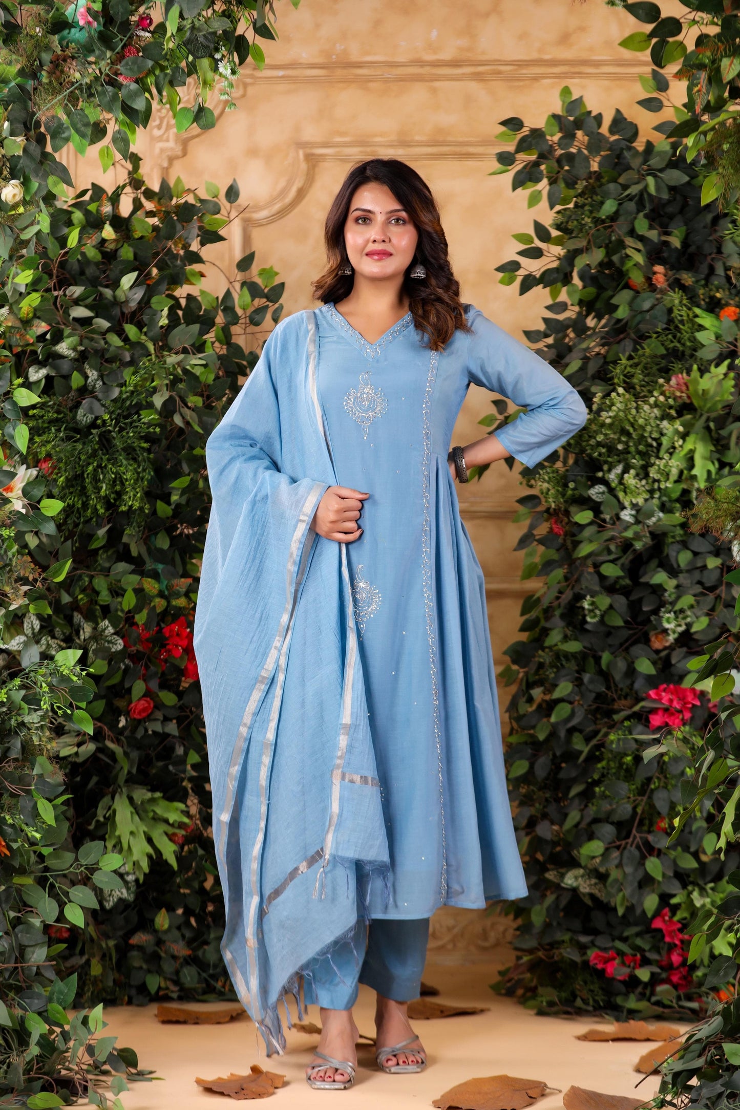 Mal Chanderi Kurti Pant Dupatta Set with Moti Sequins Zari Embroidery for Women