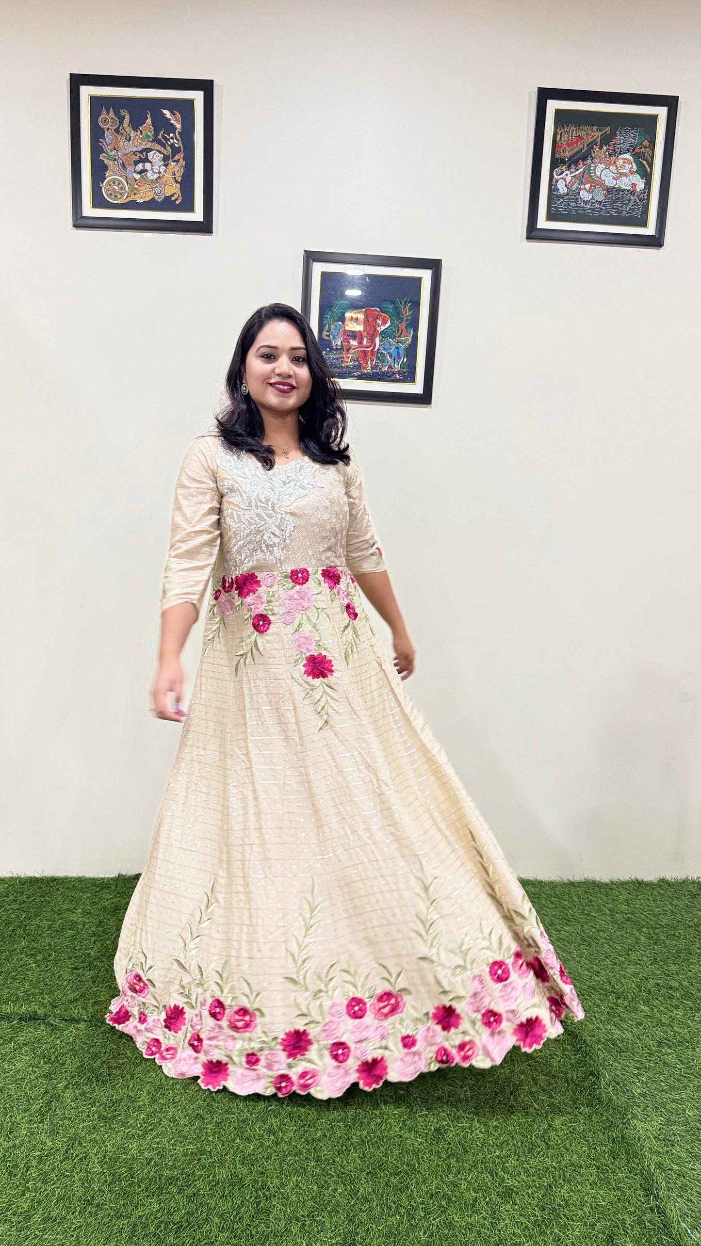 Real Chinon Silk Embroidered Ethnic Gown with Cancan and Tassel Detailing – Free Size Stitched