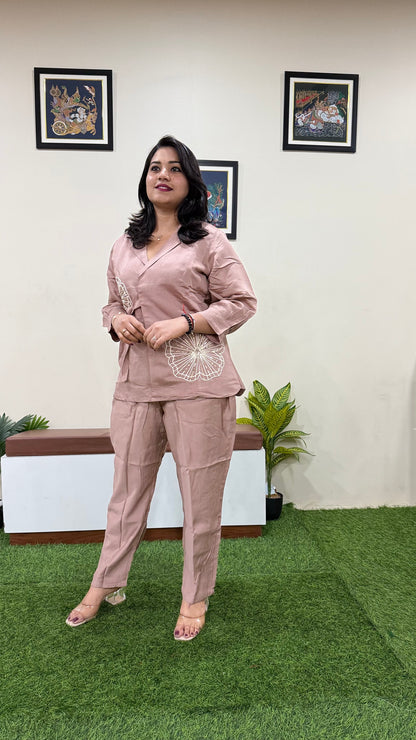 Women's Pure Silk Co-ord Set with Embroidered Waist Detail and V-Neck Top