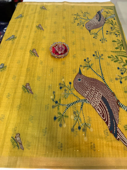 Ghicha cotton saree with bird motif pallu and tassel border, printed cotton saree for women