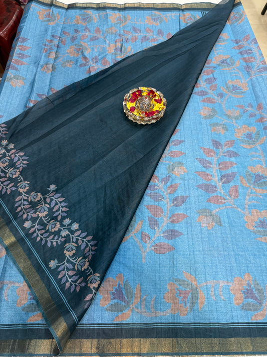 Raw tussar silk saree with smart floral design and soft marmo finish, printed border saree