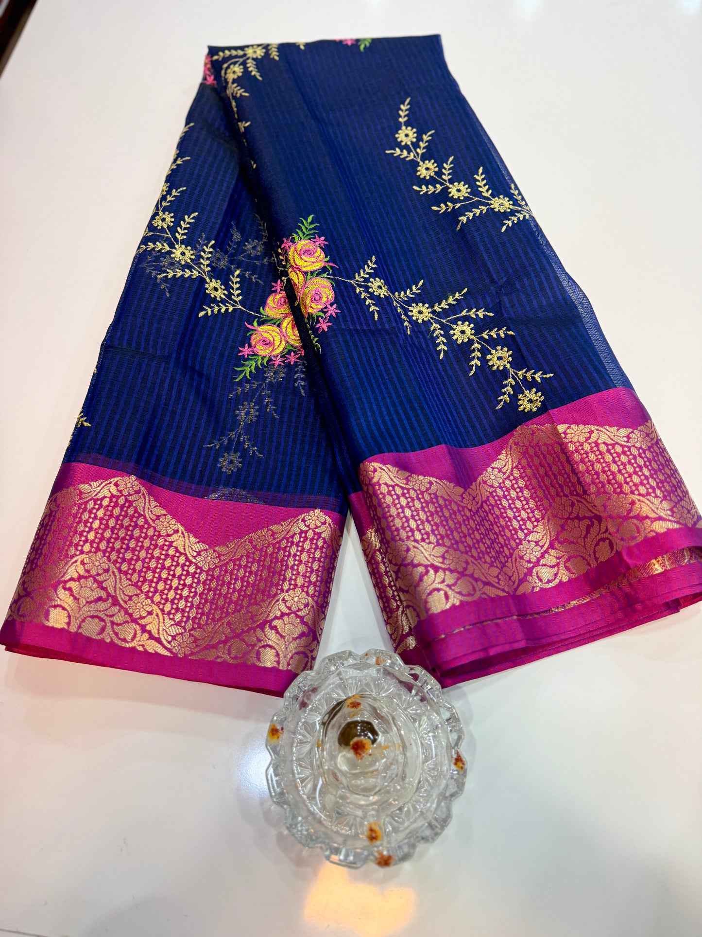 Banarasi kota silk saree with floral embroidery, contrast magenta zari border and matching blouse piece for women