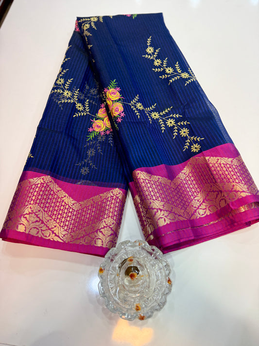 Banarasi kota silk saree with floral embroidery, contrast magenta zari border and matching blouse piece for women