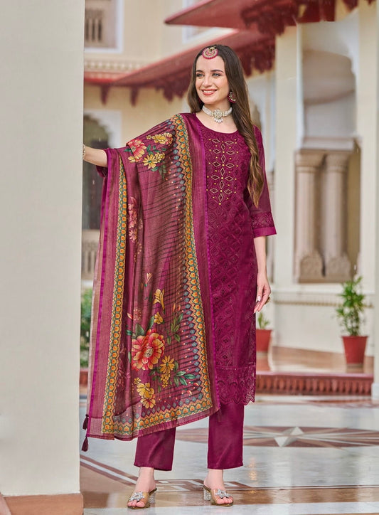 Chanderi Silk Chifli Work Kurti with Pant & Digital Print Dupatta – Festive Wear – Sizes XXL to 4XL