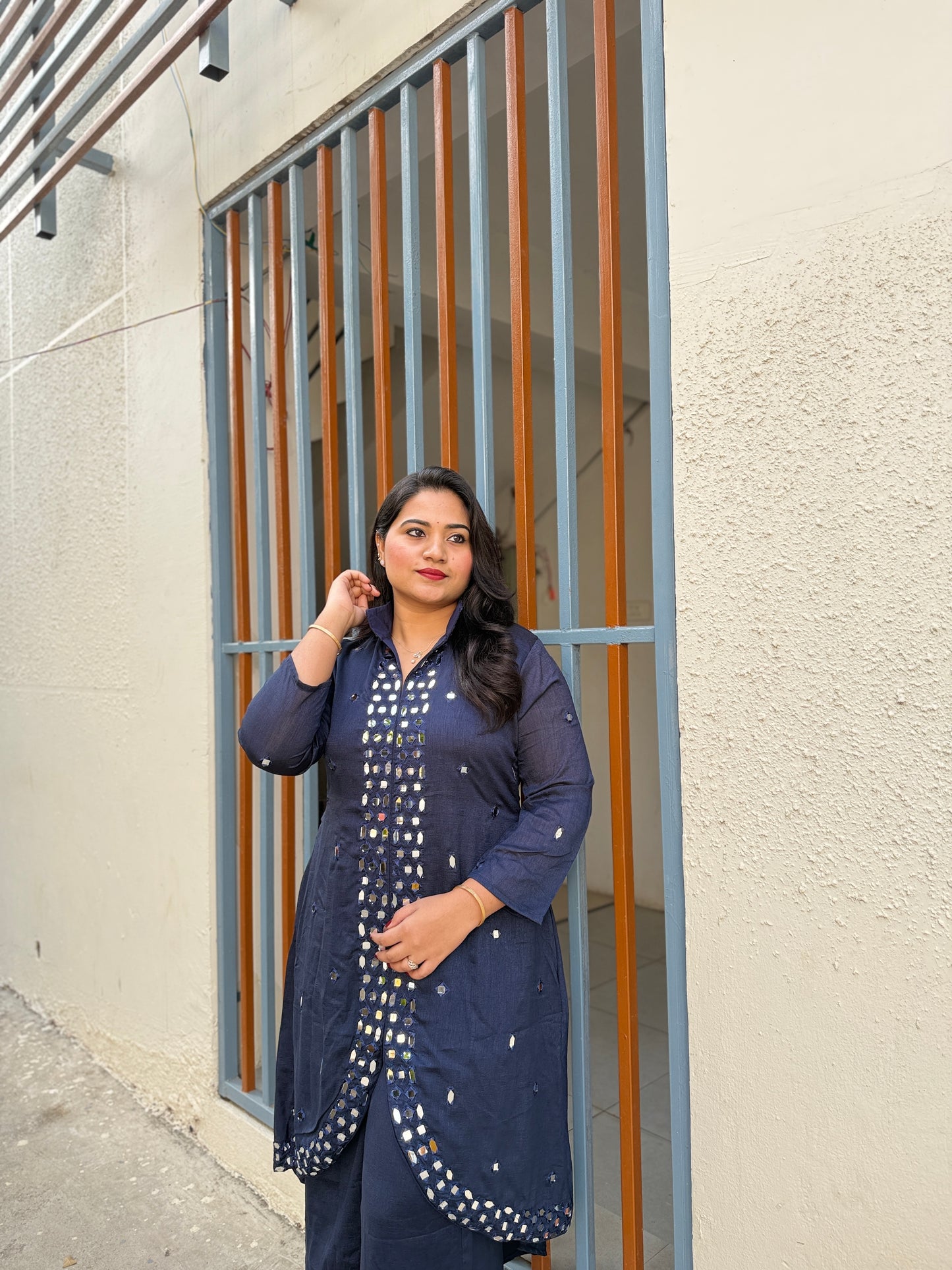 Navy Blue Real Silk Mirror Work Kurta Palazzo Set for Women – Asymmetrical Designer Festive Outfit (XL)