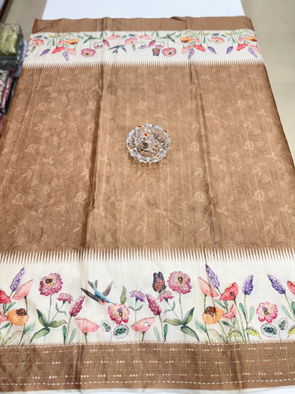 Tussar Fabric Saree with Katha Print Border, Mirror Work and Matching Blouse