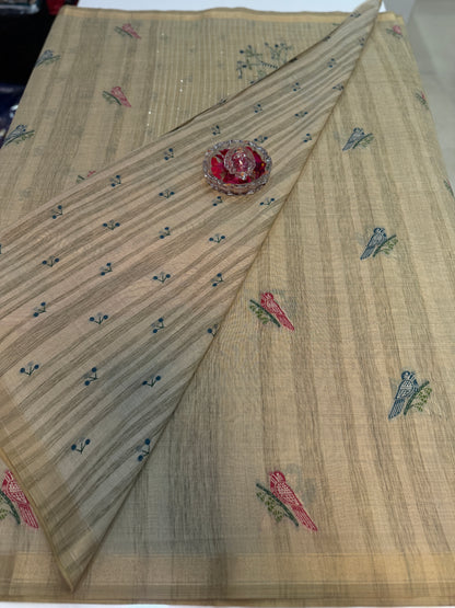 Ghicha cotton saree with bird motif pallu and tassel border, printed cotton saree for women
