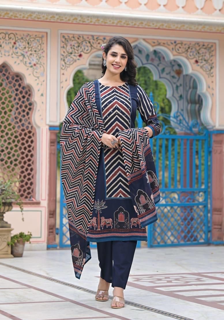 Cotton Kurta Pant Dupatta Set with Detailing Work – M to XXL