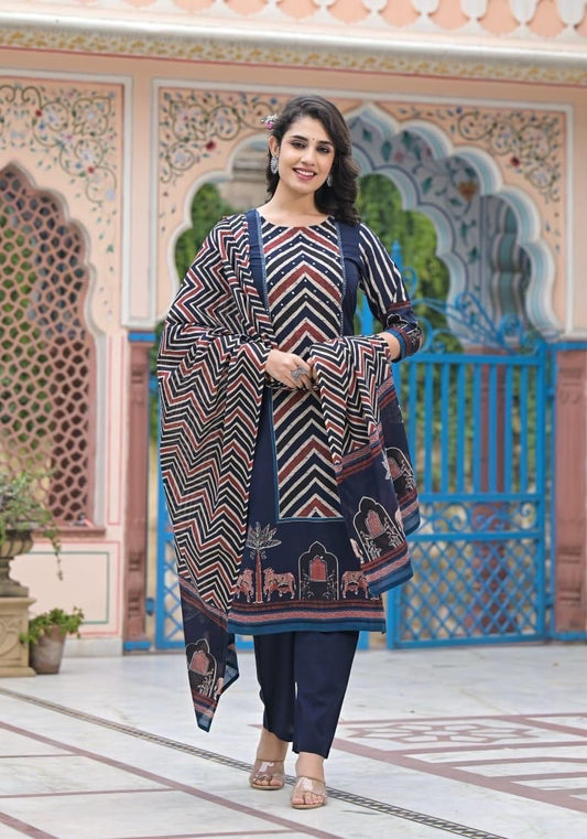 Cotton Kurta Pant Dupatta Set with Detailing Work – M to XXL