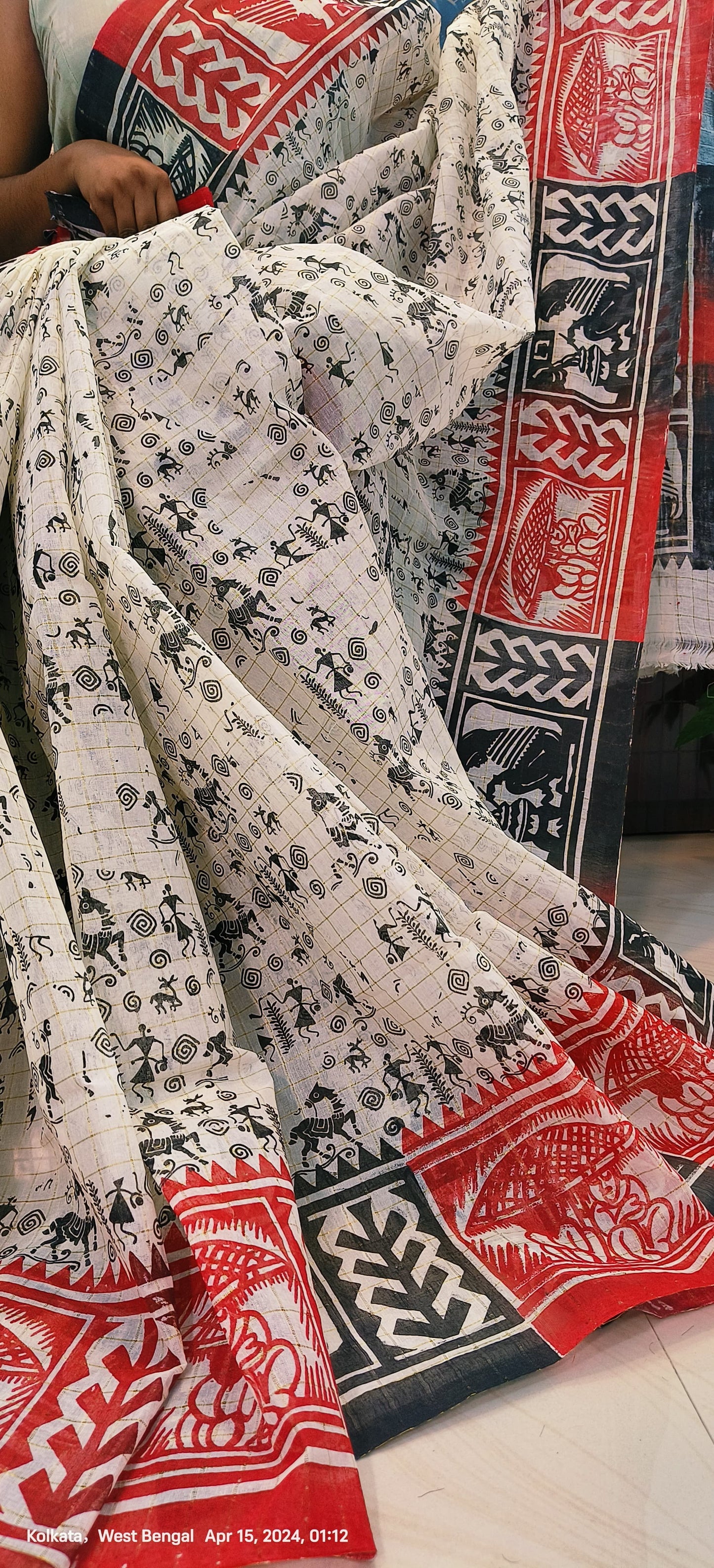Madhubani Sohajpath Hand Block Print Saree on Begampur Zari Check Fabric – Festive & Wedding Wear